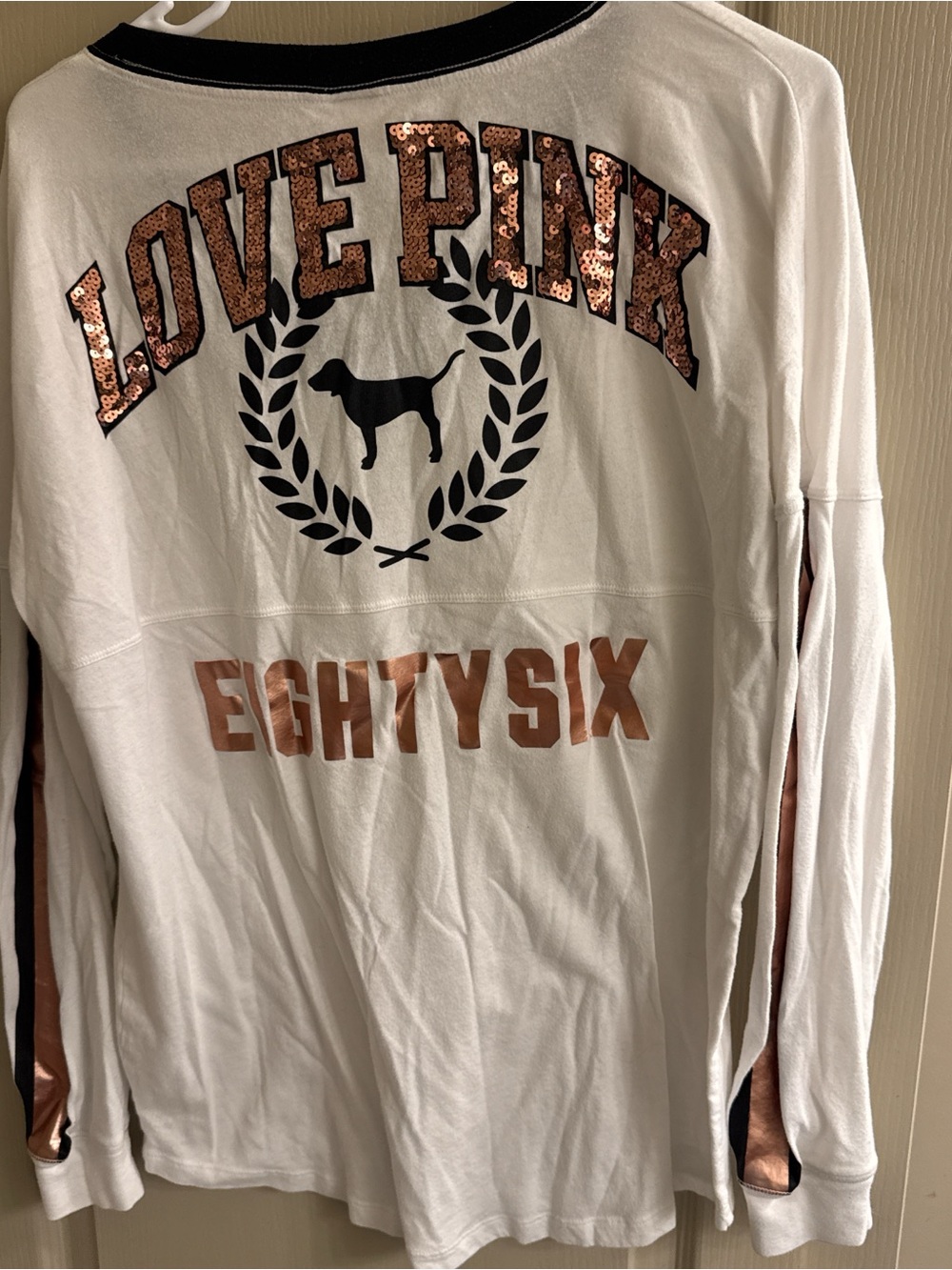 PINK Victoria's Secret White Tee with Black Trim and Embroidered Detail